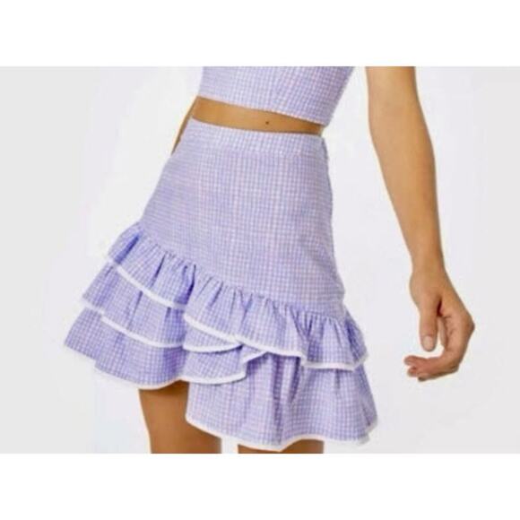 Lilly Pulitzer Rosalie Tiered Ruffle Mini Skirt Lilac Ginham Print Size 2 - Picture 1 of 9